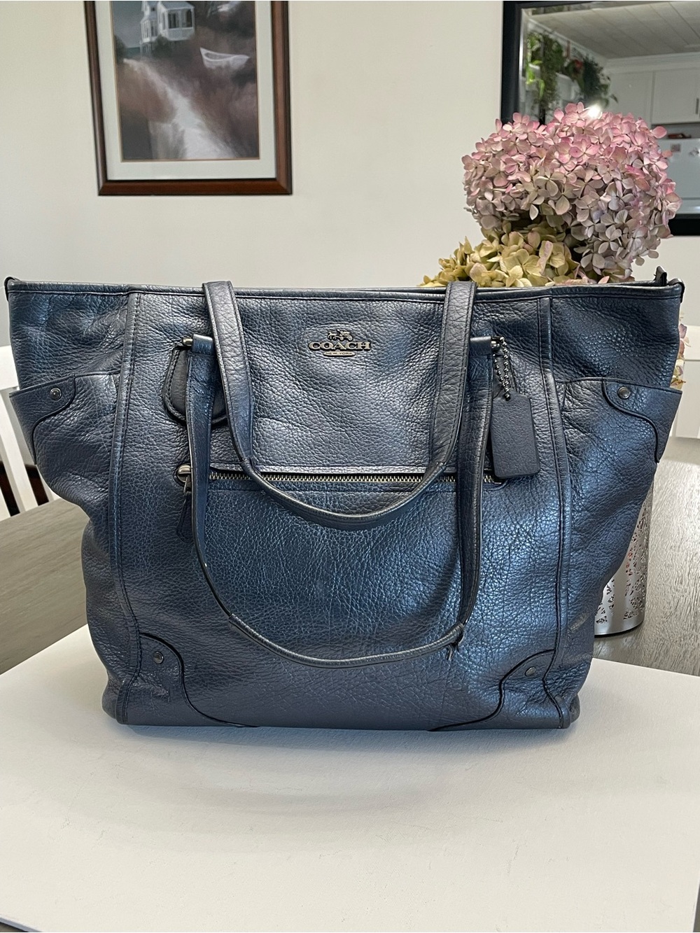 Coach Navy Pebbled Leather Tote with Front Zip